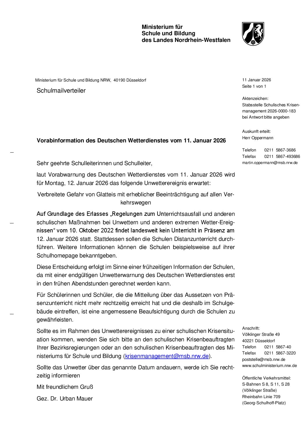 Mehr über den Artikel erfahren Distanzunterricht am 12.01.2026